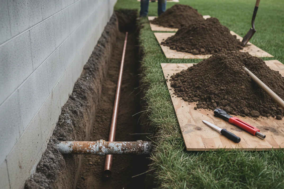 Excavated water line trench during Water Softener Installation in Bishopville